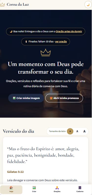 Tela inicial da Coroa da Luz à noite